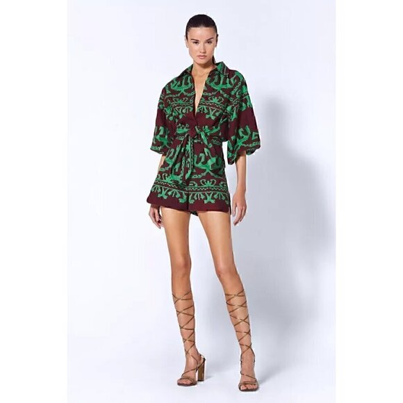 Alexis Bahia Green Brown Belted Linen Cotton Blouse Top S - Picture 2 of 9